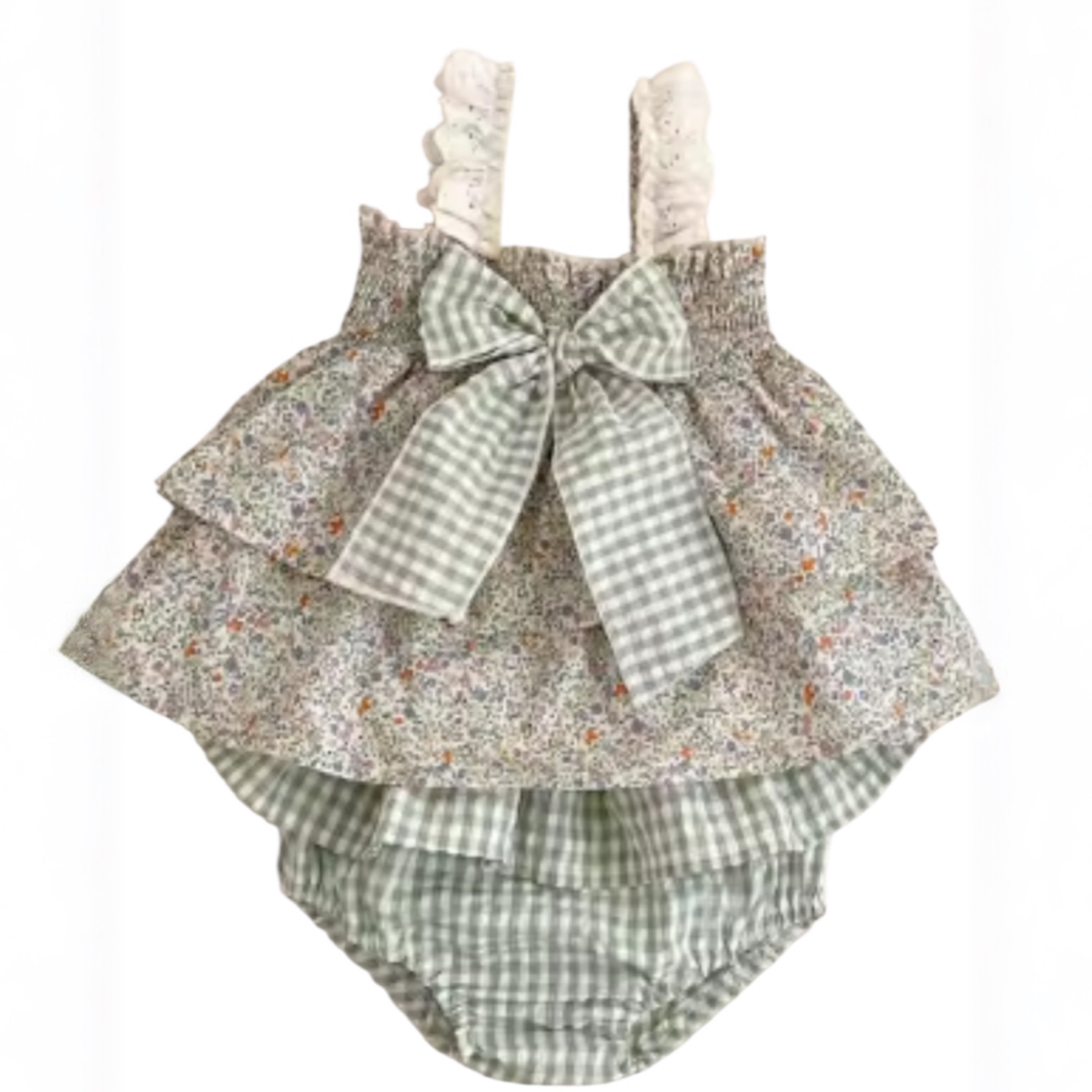 ensemble bébé fille fleurs liberty et vichy, tenue été bébé fille avec nœud dos, ensemble à bretelles bébé fille élégant