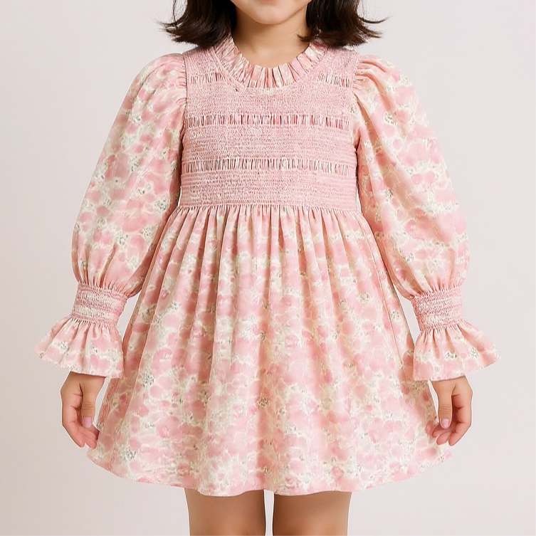 robe fleurie rose clair smock vintage back to school manches longues