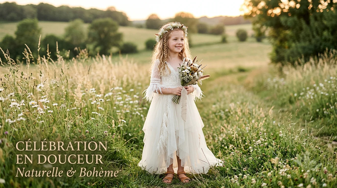 Fillette en robe de cérémonie bohème ivoire en tulle dans une prairie ensoleillée