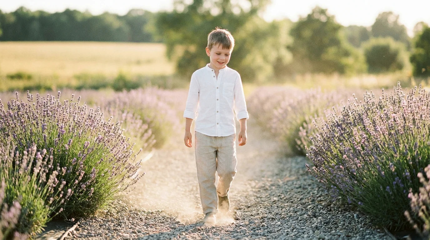 Garçon élégant portant un pantalon en lin couleur naturelle et une chemise blanche dans un jardin estival Image