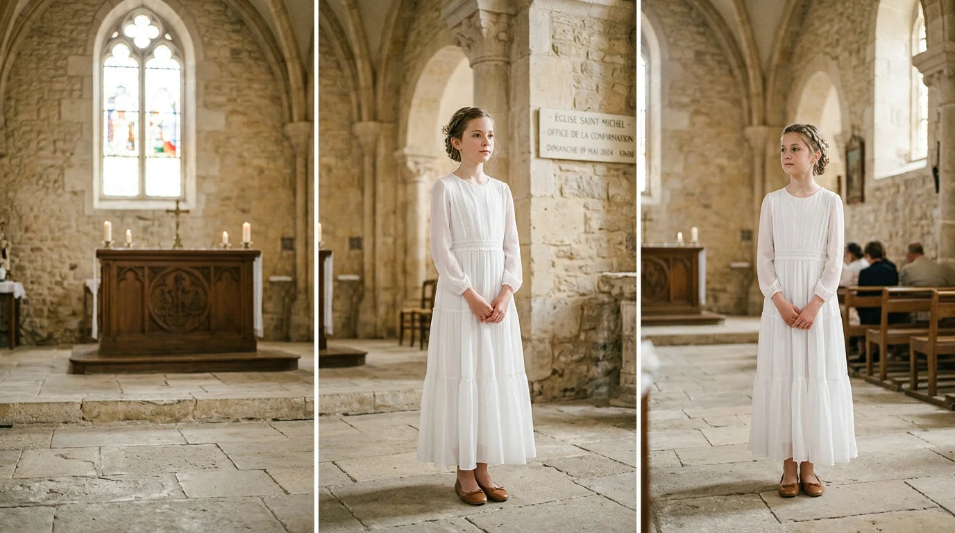 Fille de 12 ans en robe de communion blanche dans une église lumineuse Image