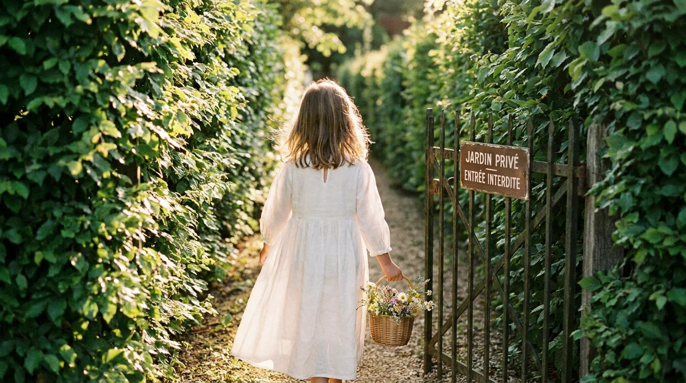 Fillette en robe blanche élégante marchant dans une allée de jardin Image