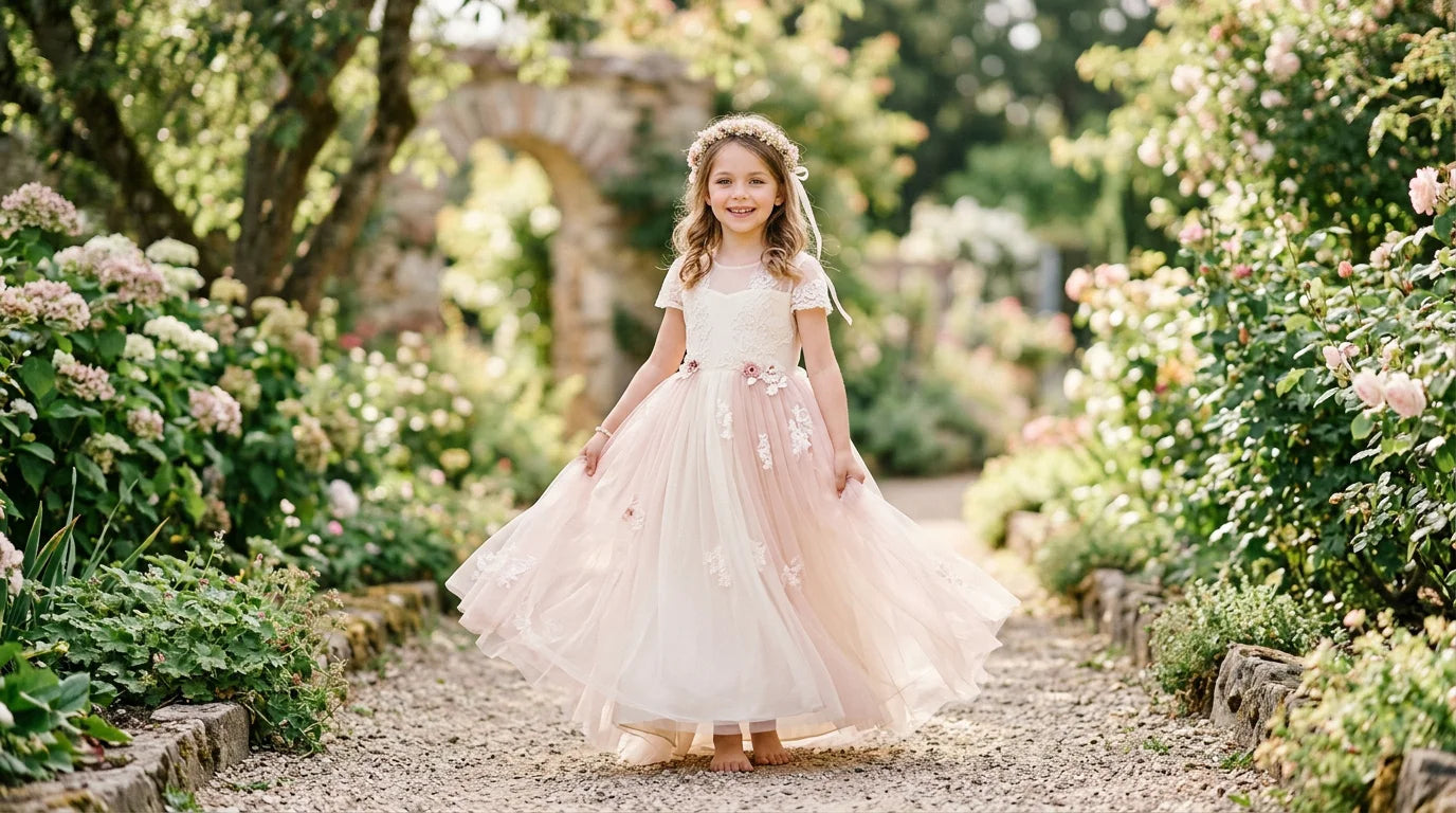 Fillette en robe de cérémonie longue élégante en tulle lors d'une belle journée
