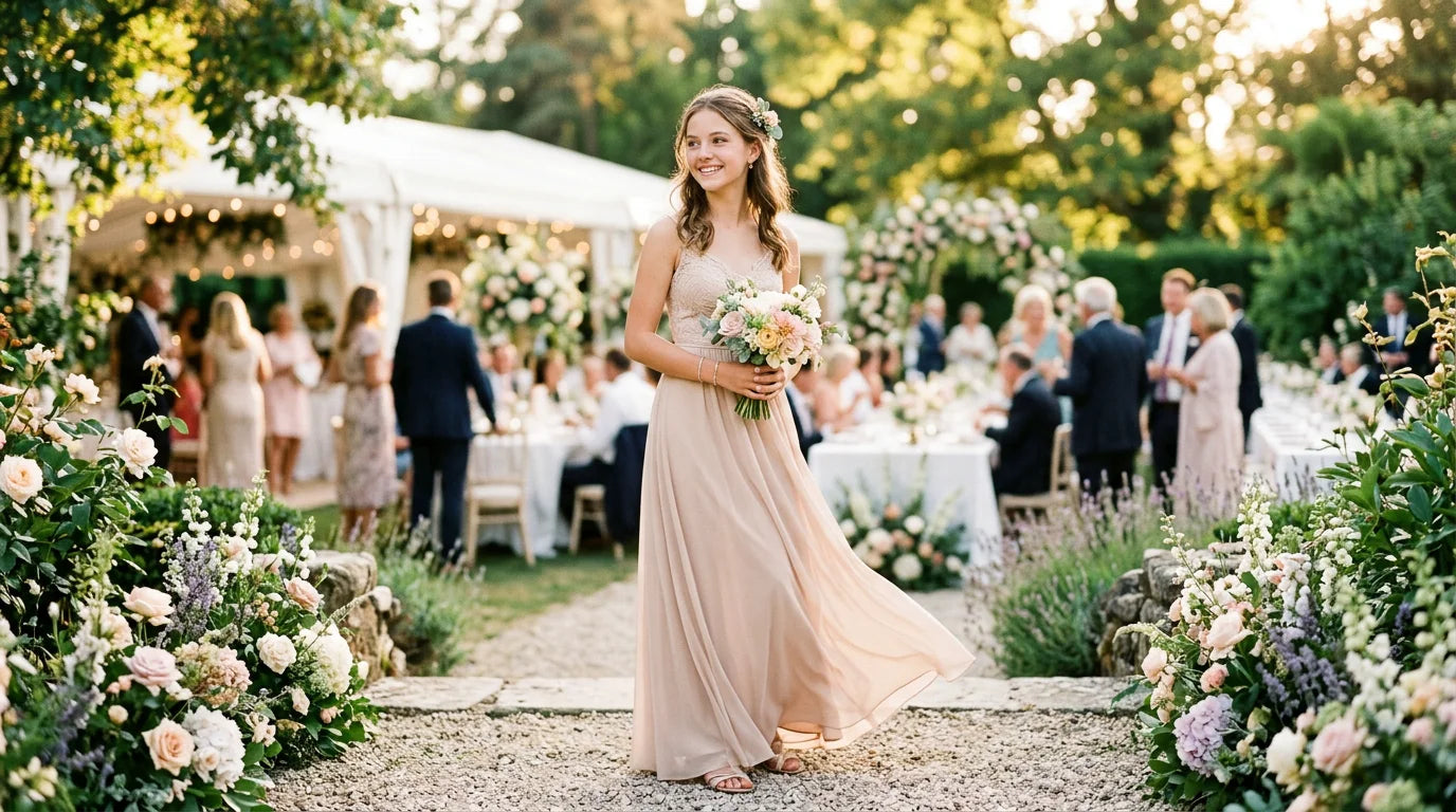 Adolescente en robe de cérémonie nude lors d'un mariage en extérieur
