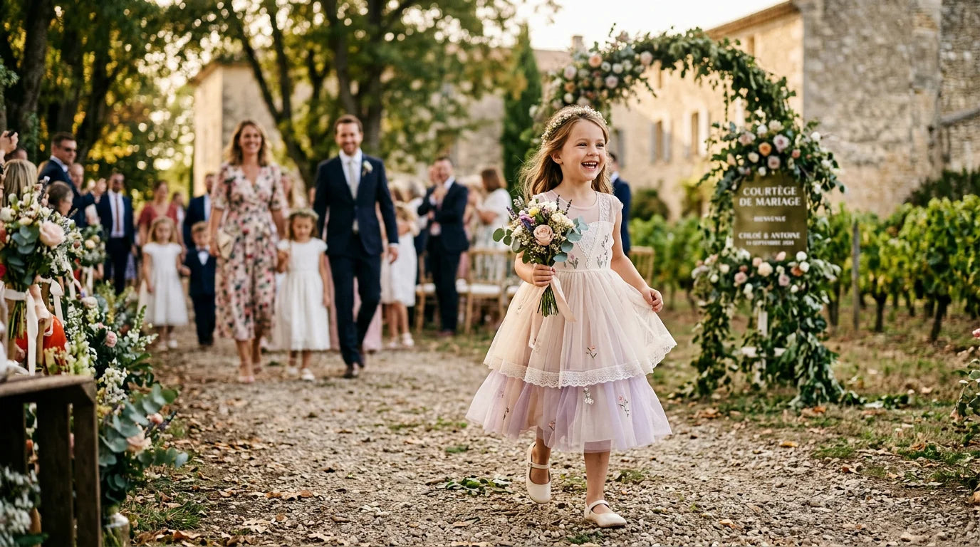 Jeune fille en robe de cérémonie pastel dans un cortège de mariage en extérieur Image