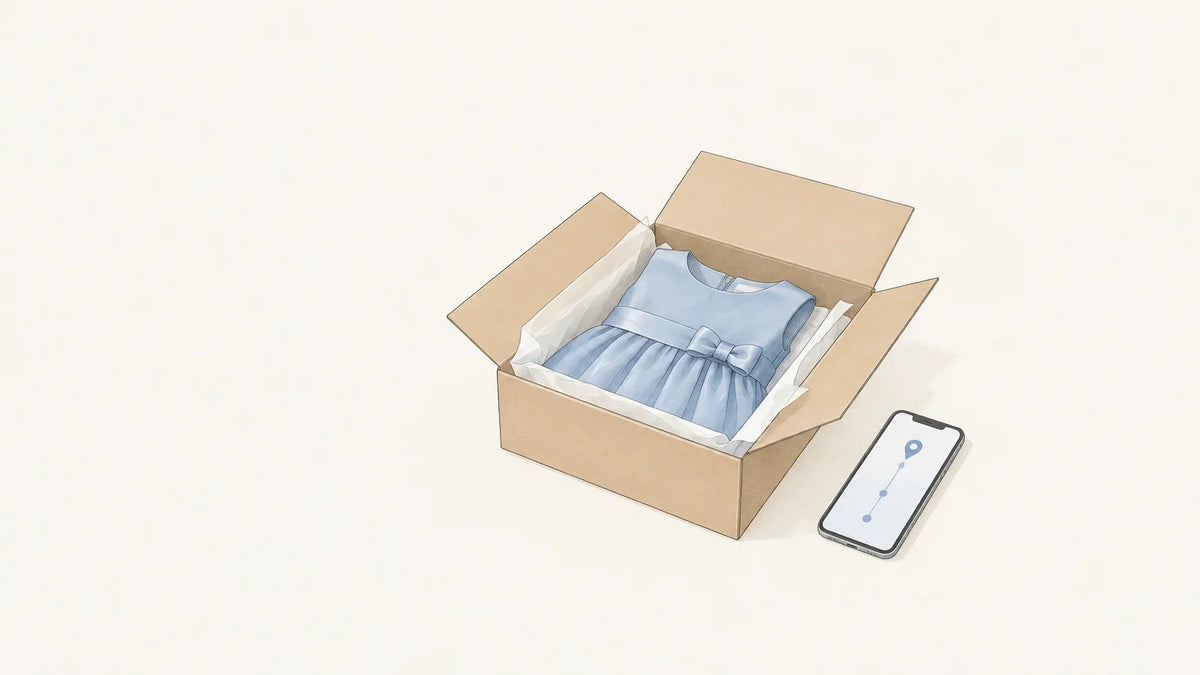 Illustration d’un colis ouvert avec une robe de cérémonie pliée et un téléphone affichant un suivi stylisé.