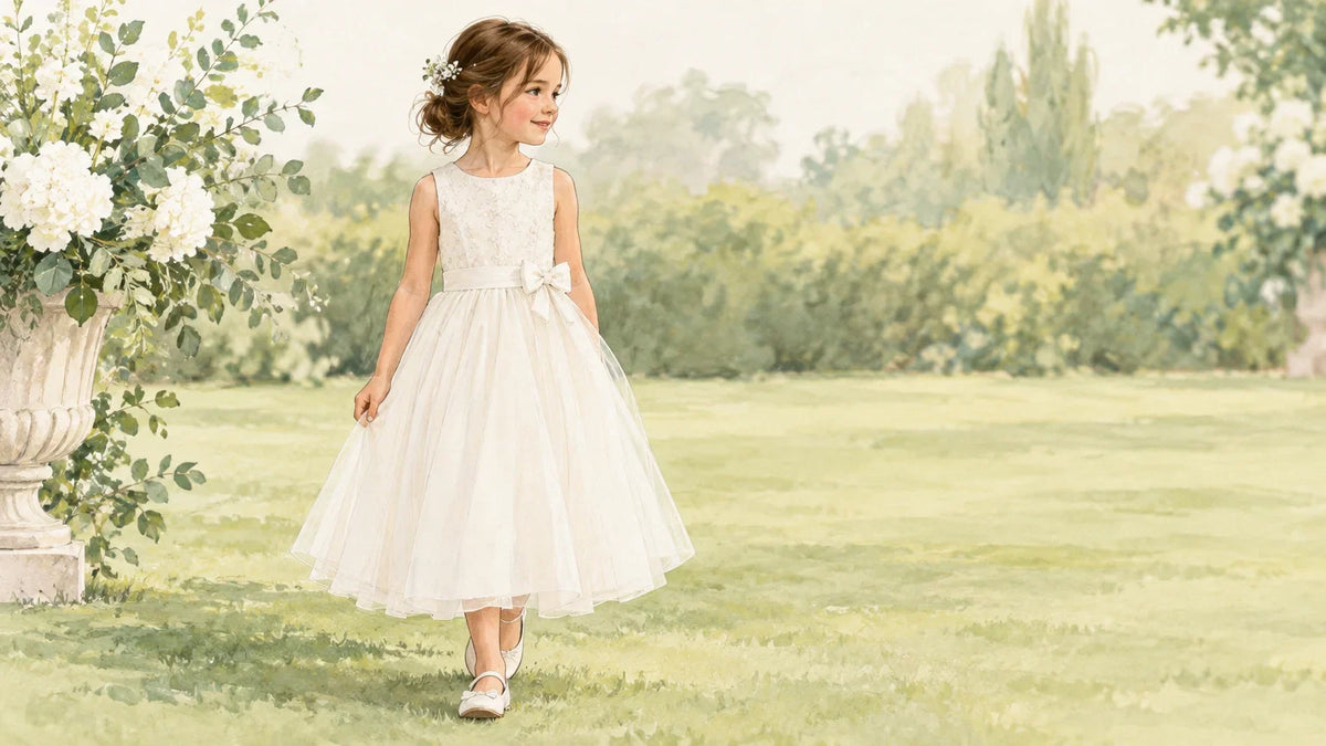 Fillette en robe de cérémonie dans un jardin de mariage Image