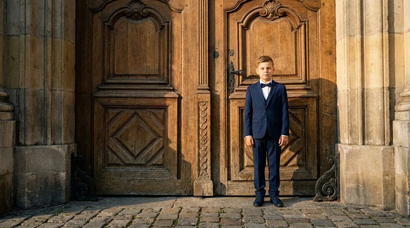 Garçon en costume de cérémonie bleu marine avec nœud papillon devant une porte ancienne Image
