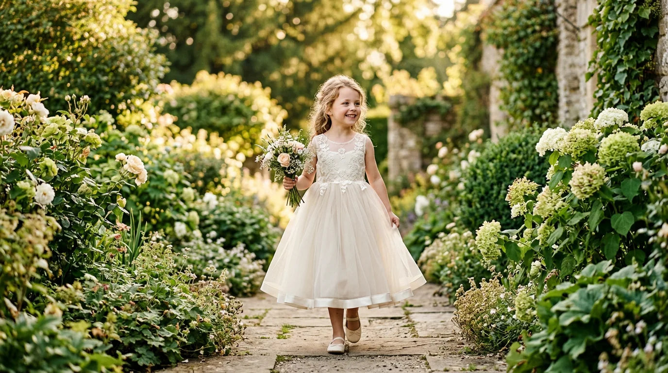 Petite fille en robe de cérémonie claire marchant dans un jardin lumineux Image