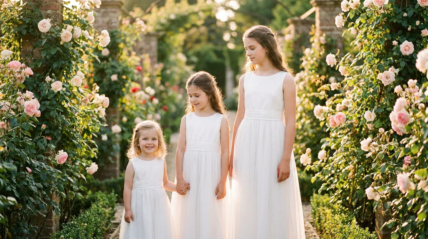 Trois fillettes portant des robes blanches de cérémonie dans une allée de jardin fleuri Image