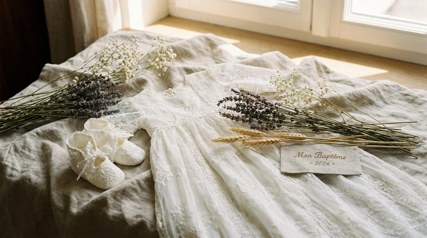 Tenue de baptême bébé en dentelle blanche avec chaussons et fleurs séchées Image