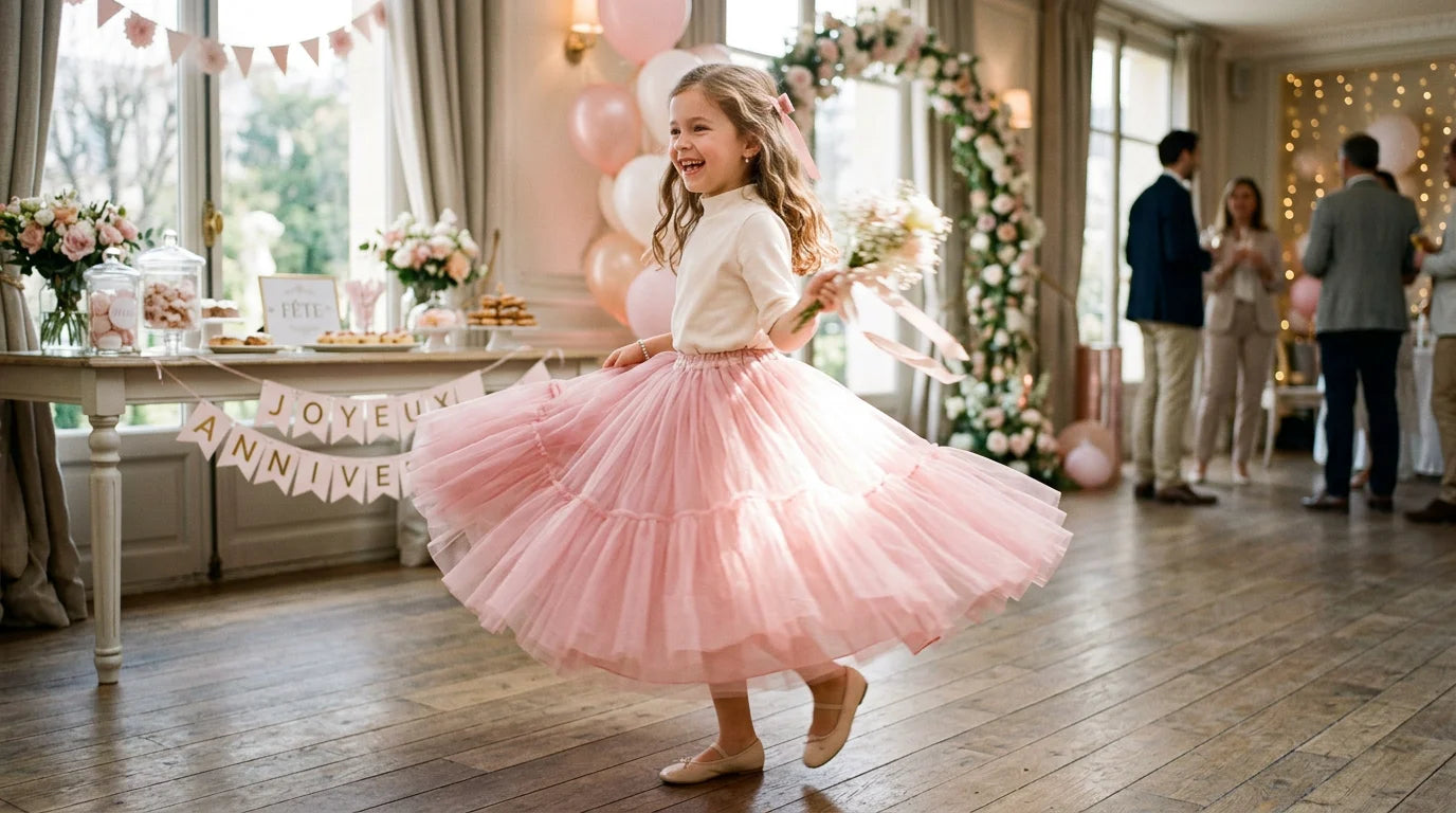 Jeune fille en jupe en tulle rose dans un décor de cérémonie