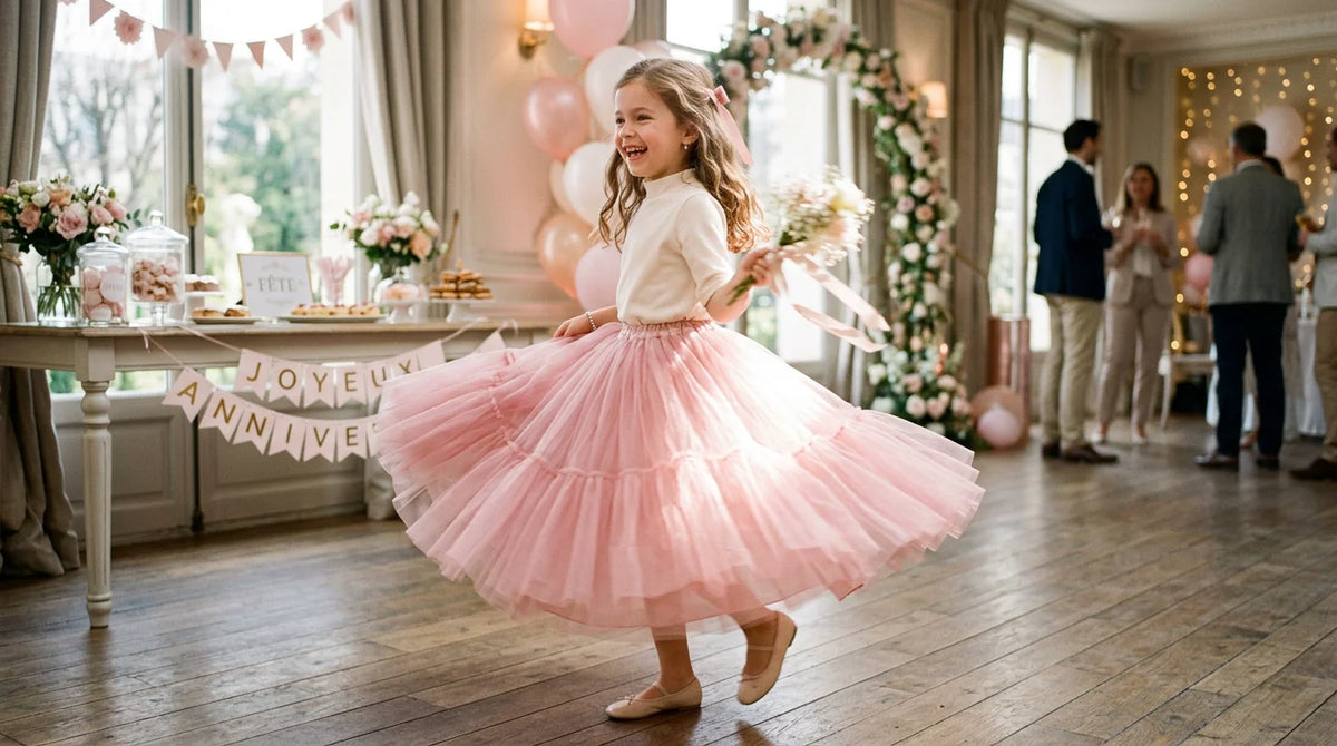 Jeune fille en jupe en tulle rose dans un décor de cérémonie