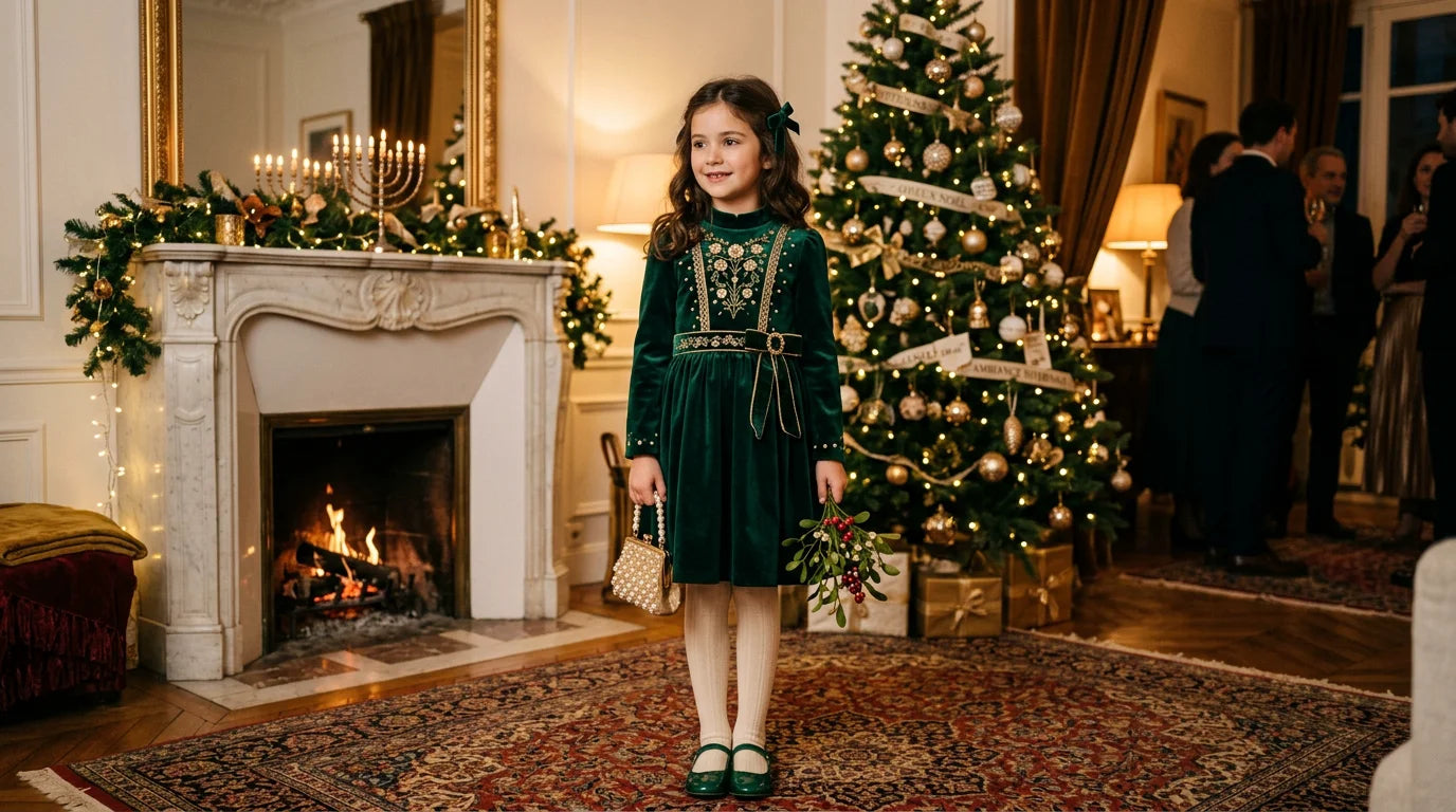 Fillette en robe de cérémonie en velours vert émeraude lors d'une fête d'hiver Image