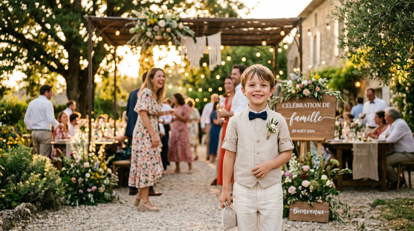Jeune garçon élégamment habillé en tenue de cérémonie lors d'une fête en extérieur Image