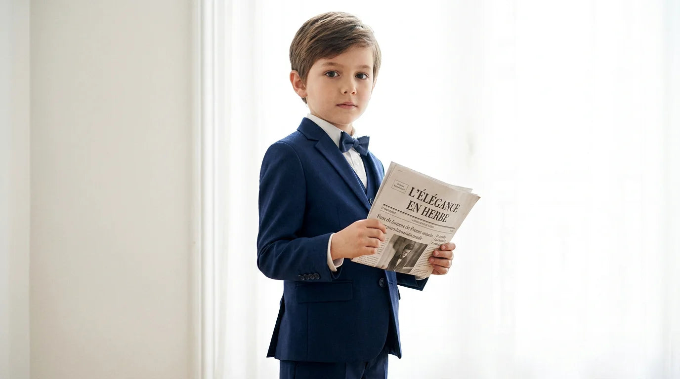 Jeune garçon en costume de cérémonie bleu marine avec nœud papillon Image