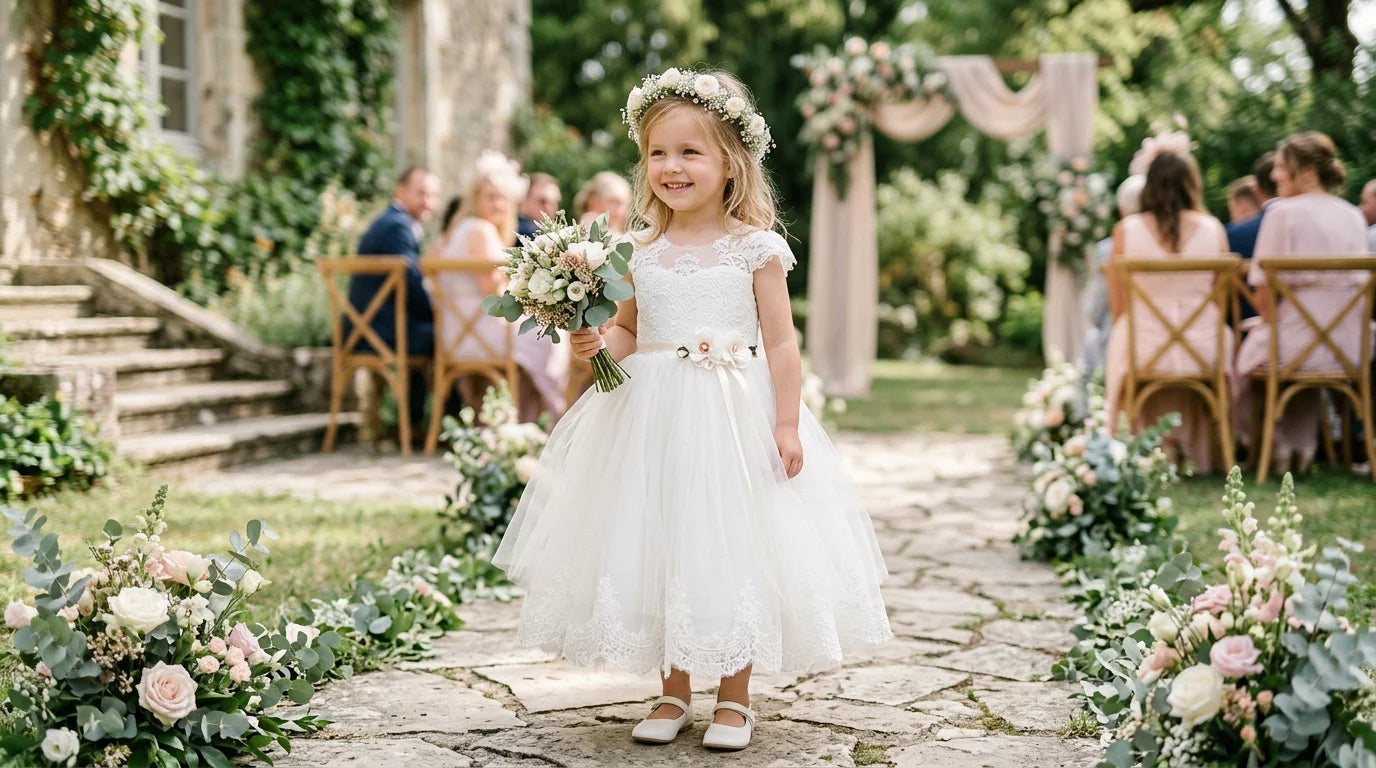 Petite fille en robe de cérémonie en tulle tournant dans un jardin lors d'un mariage Image