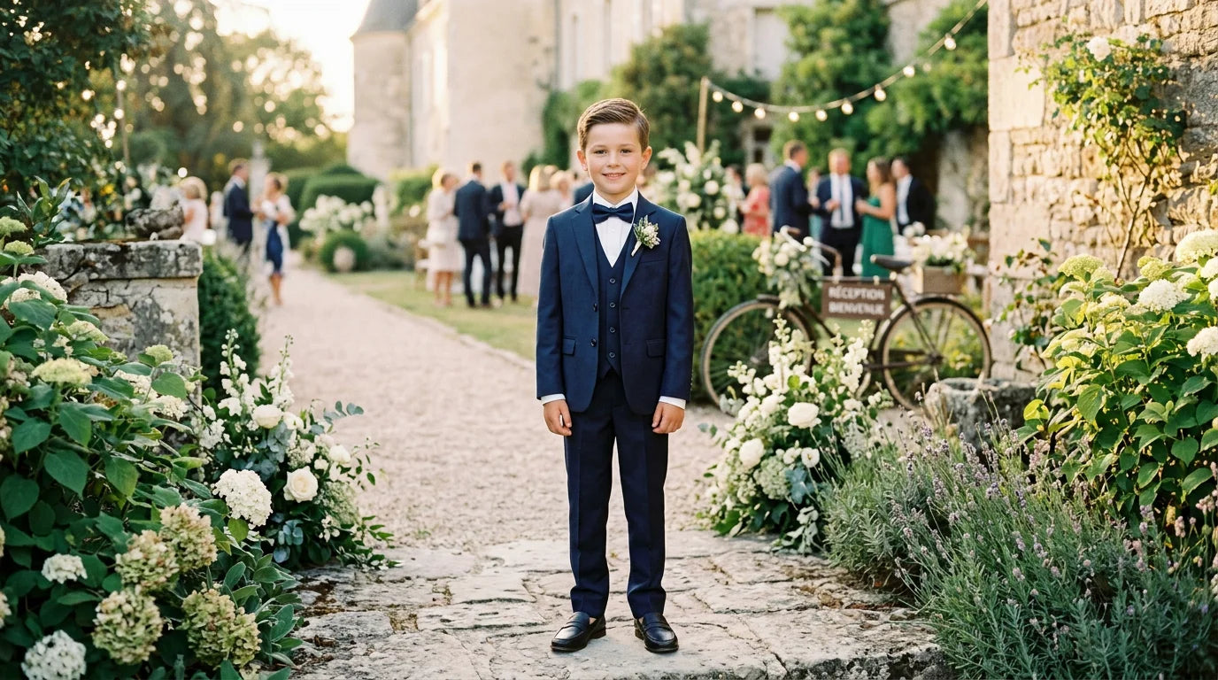 Jeune garçon en costume trois-pièces bleu marine lors d'un mariage