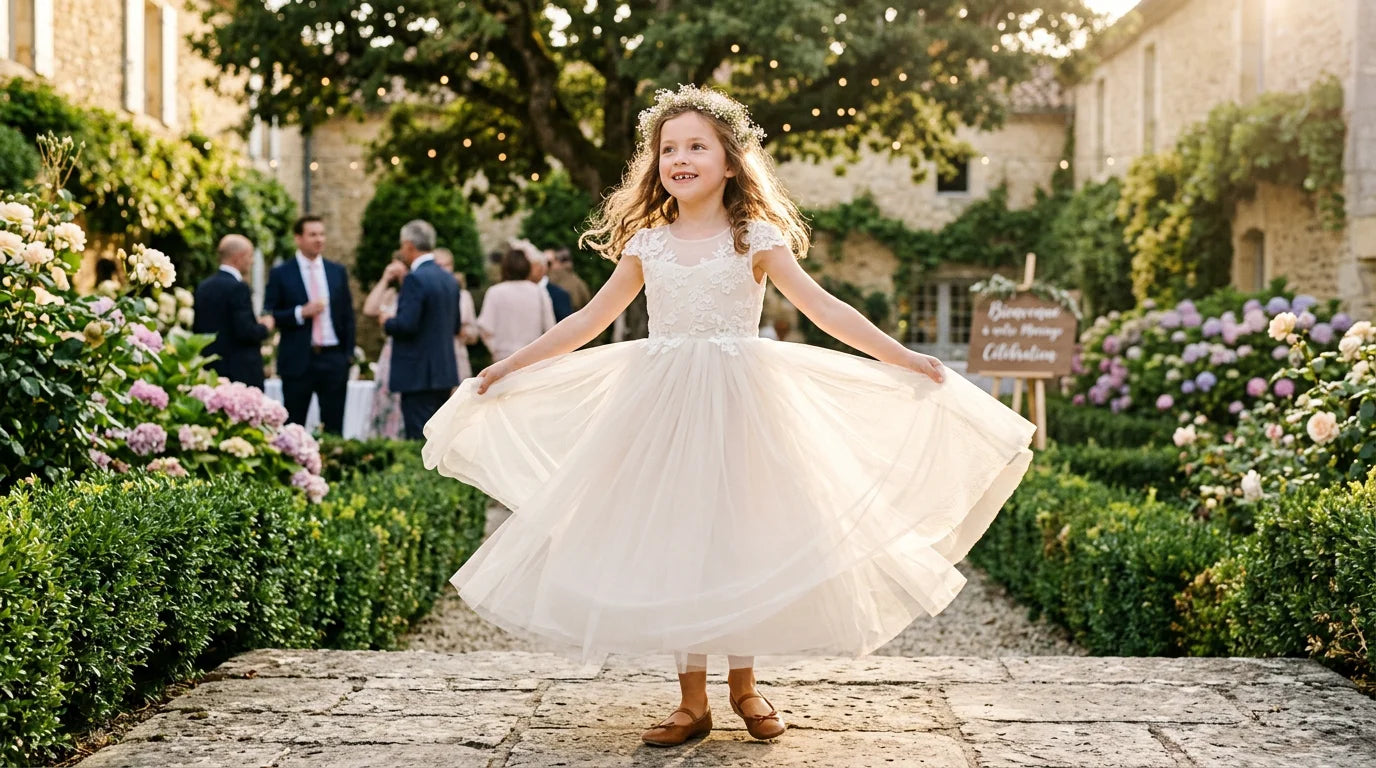 Jeune fille en robe de cérémonie en tulle ivoire lors d'un mariage en extérieur