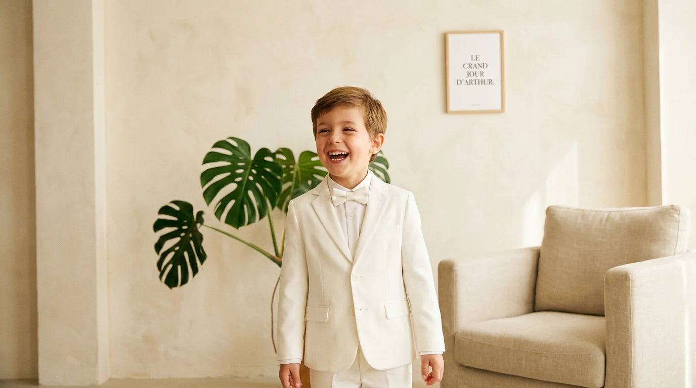Petit garçon en costume de baptême blanc avec nœud papillon Image