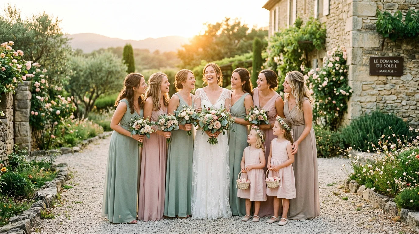 Mariée entourée de ses demoiselles d'honneur et de fillettes en robes de cérémonie coordonnées Image