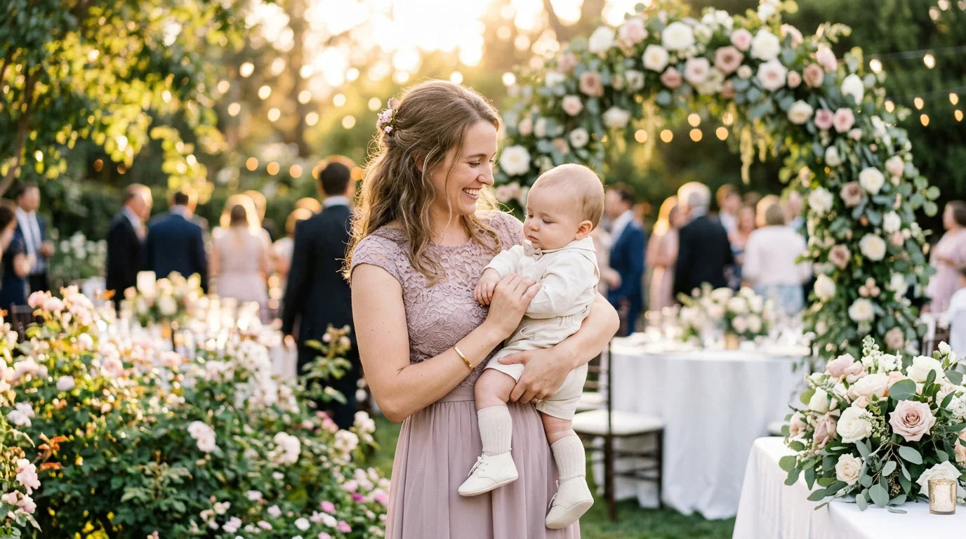 Bébé en tenue de cérémonie ivoire dans les bras de sa mère lors d'un mariage Image