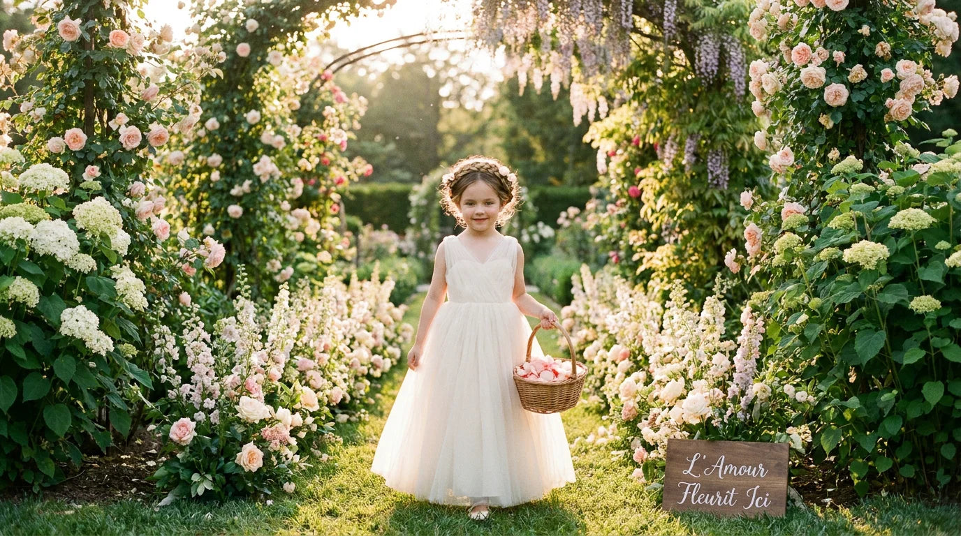 Fillette en robe de cérémonie ivoire marchant dans une allée fleurie lors d'un mariage Image