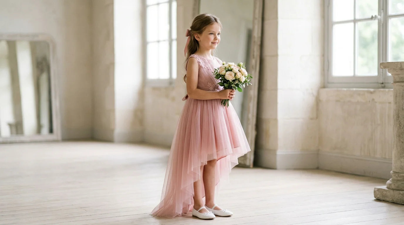 Jeune fille en robe de cérémonie asymétrique en tulle rose Image