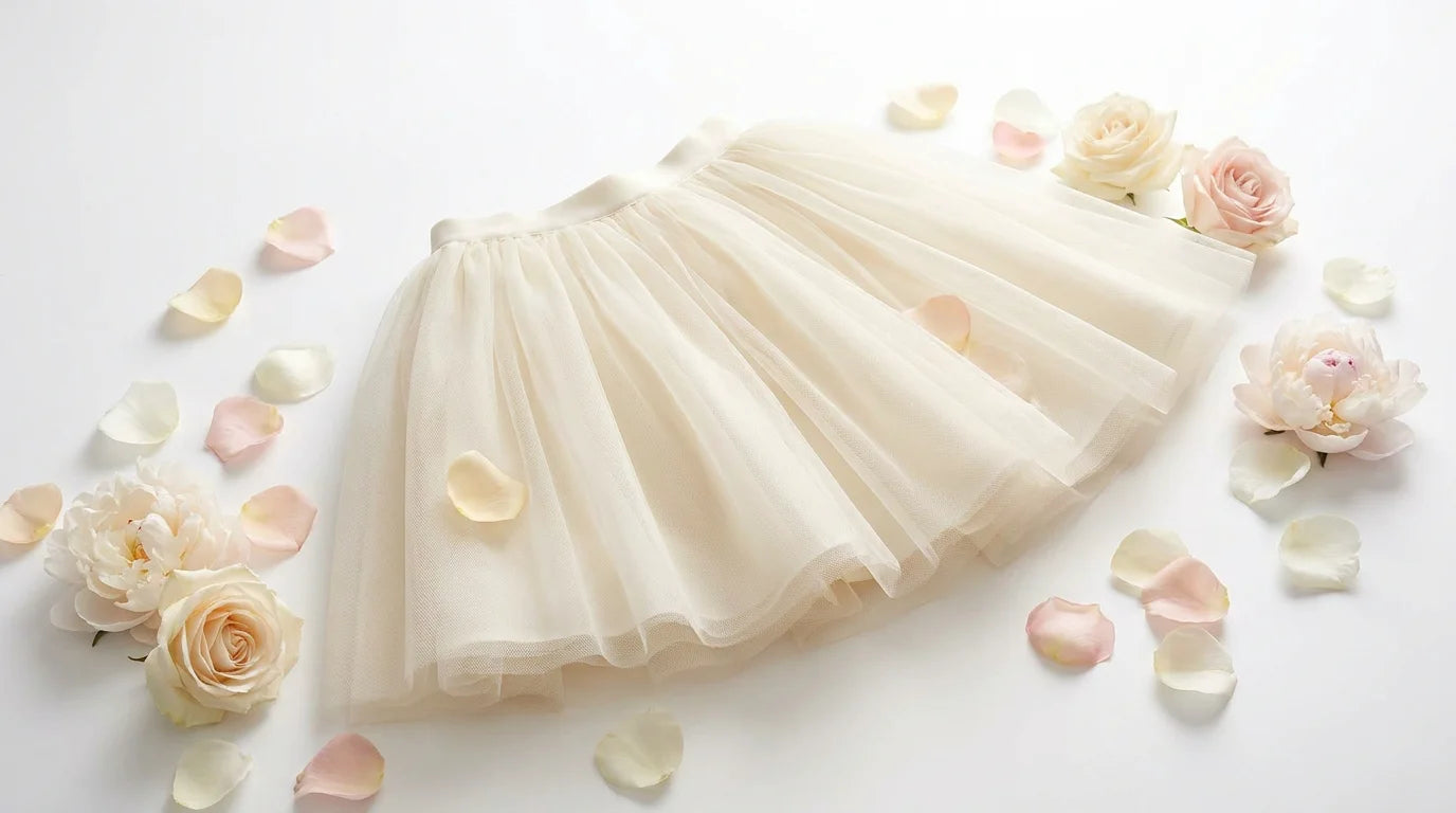 Jupe en tulle écru pour fillette présentée sur fond blanc avec pétales de fleurs Image