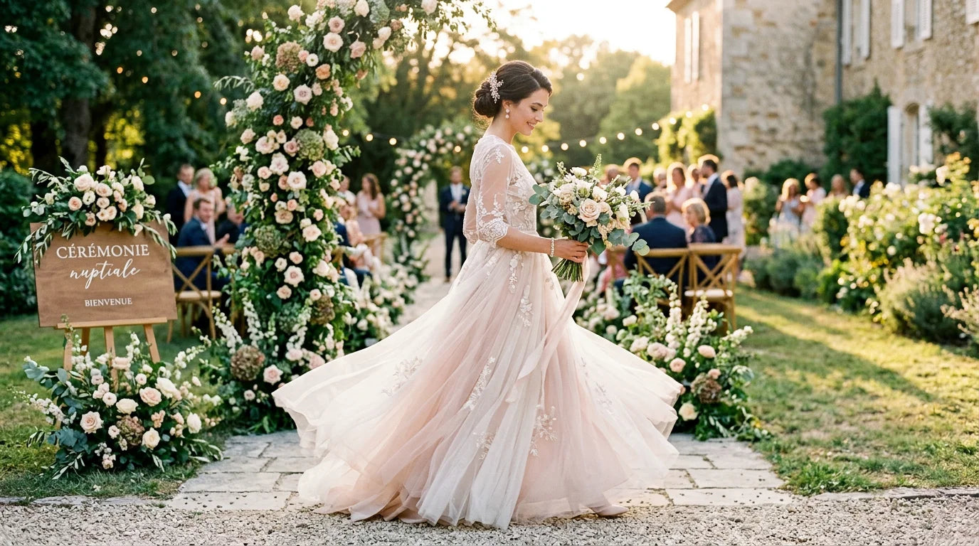 Femme élégante en jupe longue de cérémonie en tulle lors d'un mariage en extérieur Image