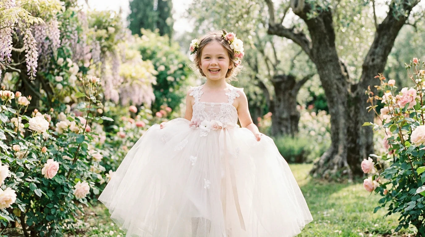 Fillette souriante portant une robe en tulle blanc dans un jardin lumineux Image