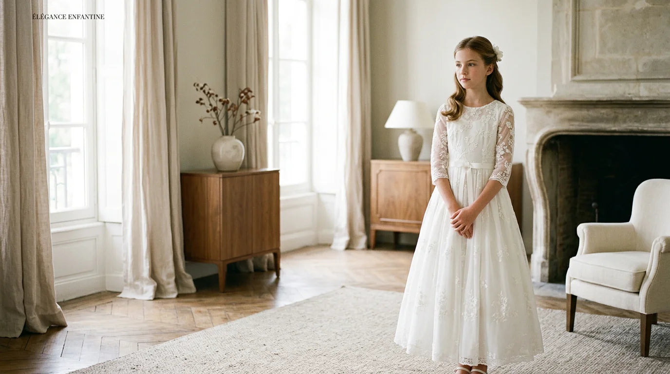 Jeune fille en robe blanche élégante pour une cérémonie de bat mitsvah