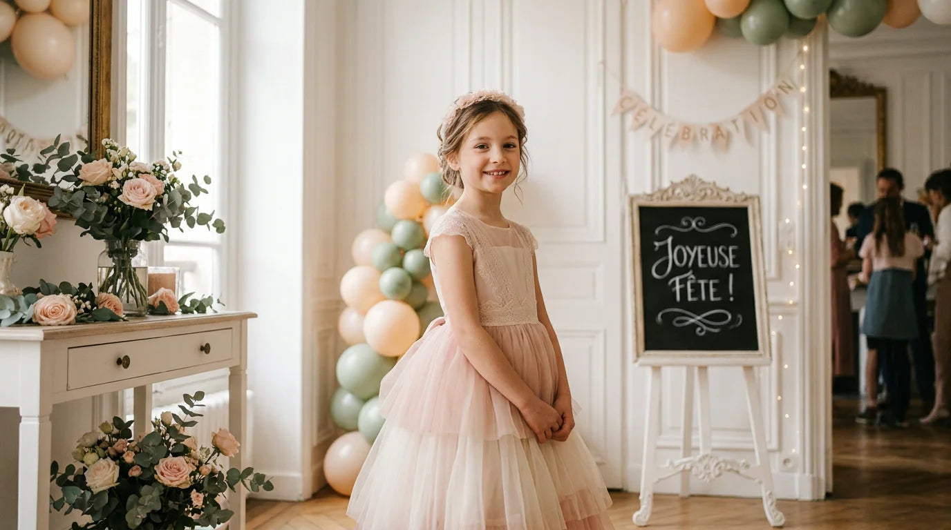 Fillette en robe de cérémonie en tulle dans un intérieur décoré pour une fête Image