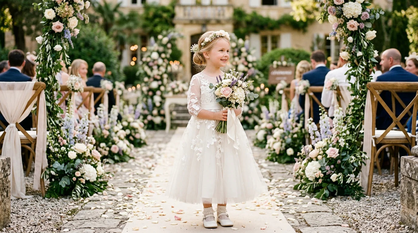 Fillette d'honneur en robe ivoire en tulle lors d'un mariage