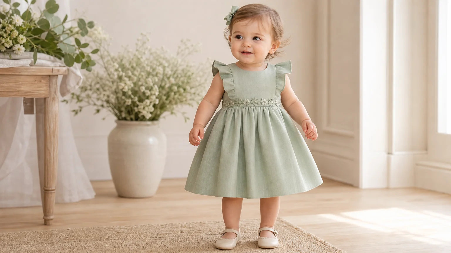 Bébé fille portant une robe de cérémonie vert sauge dans un intérieur lumineux Image