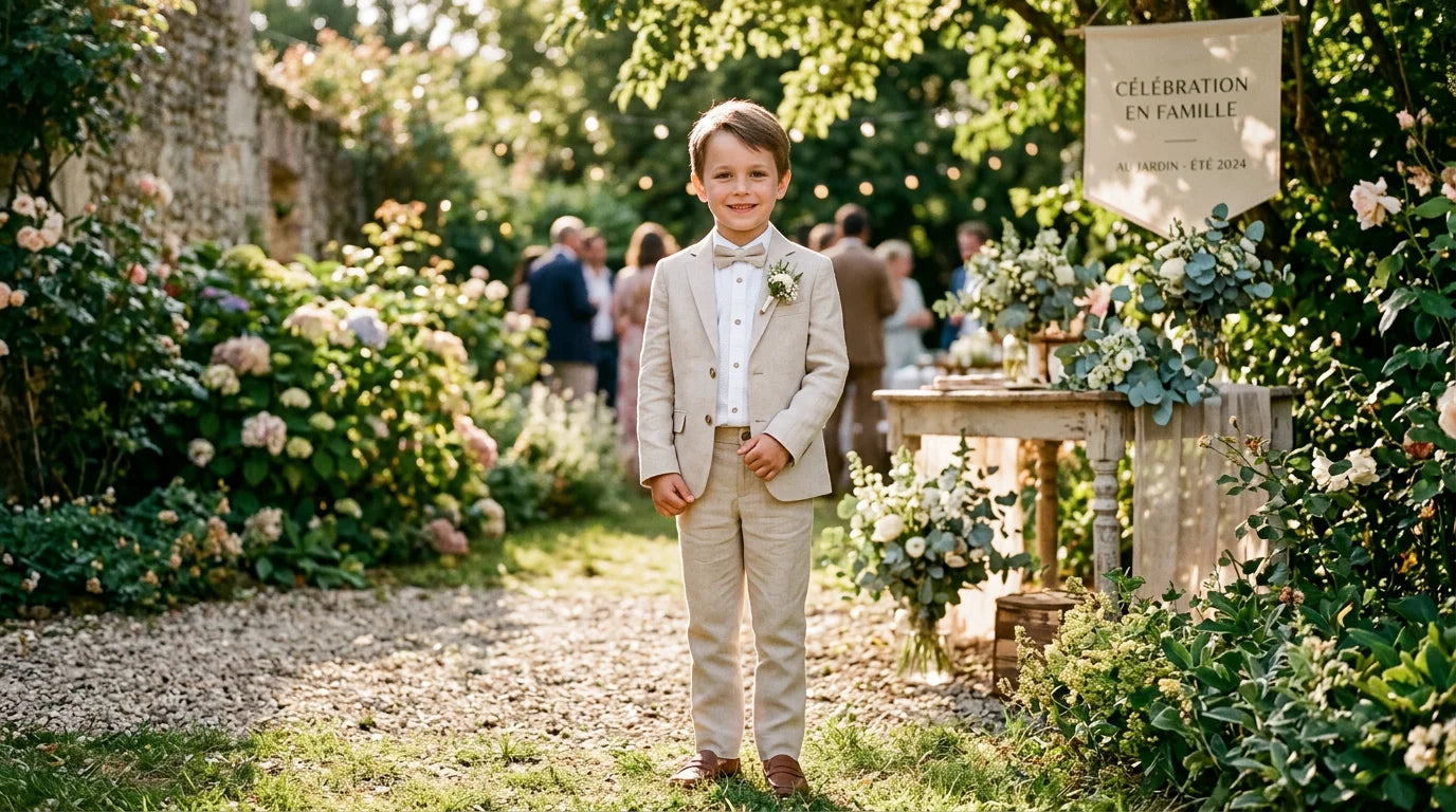 Jeune garçon en costume de cérémonie en lin dans un jardin ensoleillé Image