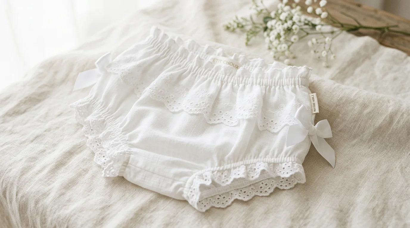 Bloomer blanc de cérémonie pour fille sur fond neutre lumineux Image