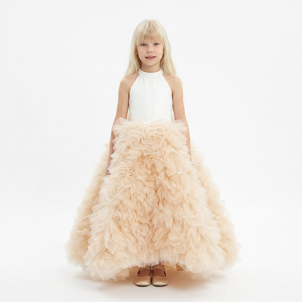 MADE TO ORDER - Robe Clara longue avec fleurs 3D en tulle - Cérémonie Enfant
