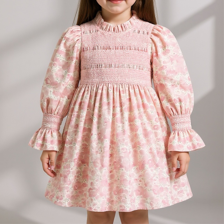 robe fleurie rose clair smock vintage back to school manches longues