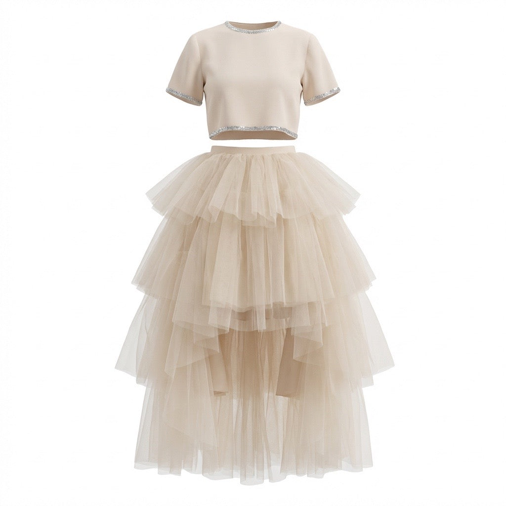 Ensemble Ivana Nude Top Bord Strass et Jupe Asymétrique