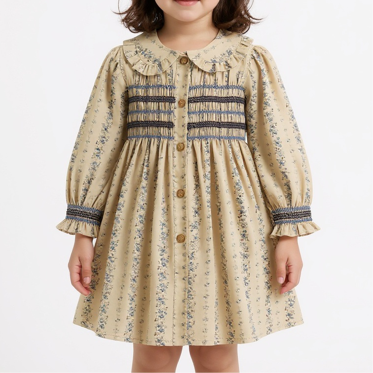 robe fleurie verte kaki smock vintage back to school manches longues