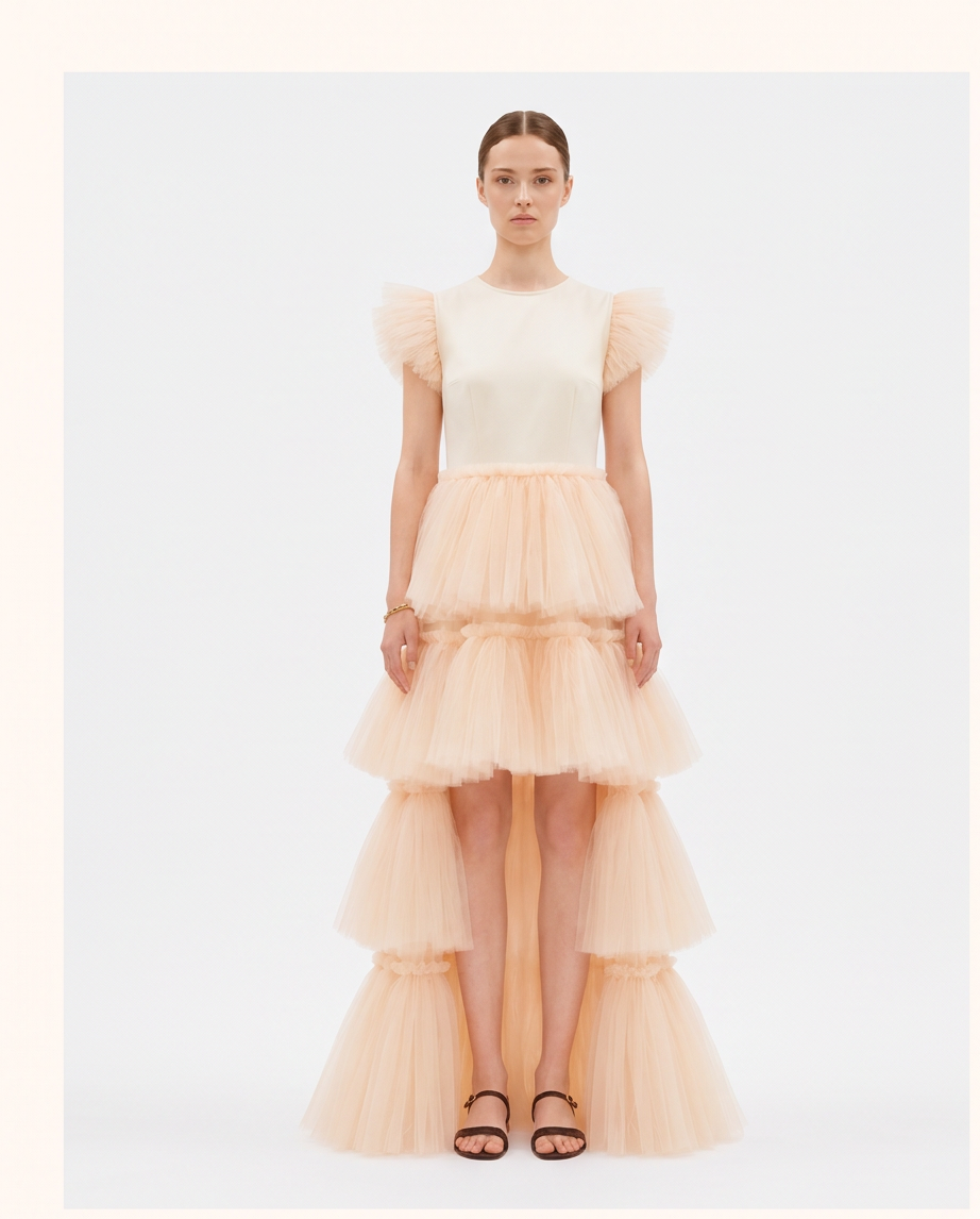 MADE TO ORDER - Robe de Soirée Manches Tulle Claudia Champagne - Cérémonie Ados