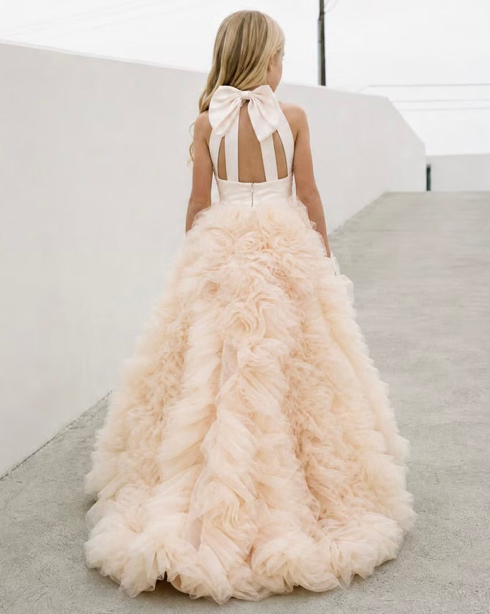 MADE TO ORDER - Robe Clara longue avec fleurs 3D en tulle - Cérémonie Enfant