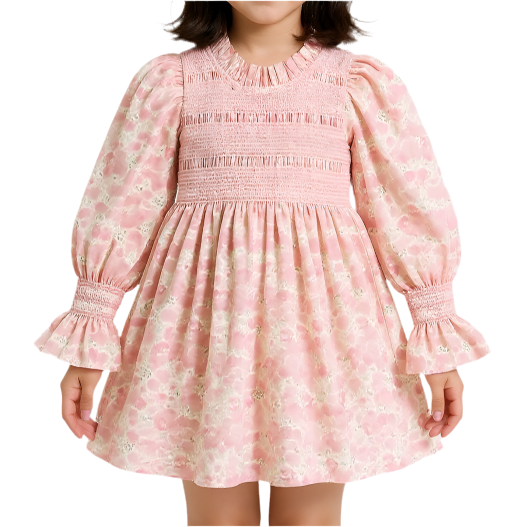 robe fleurie rose clair smock vintage back to school manches longues