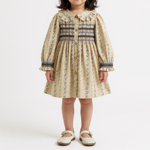 robe fleurie verte kaki smock vintage back to school manches longues