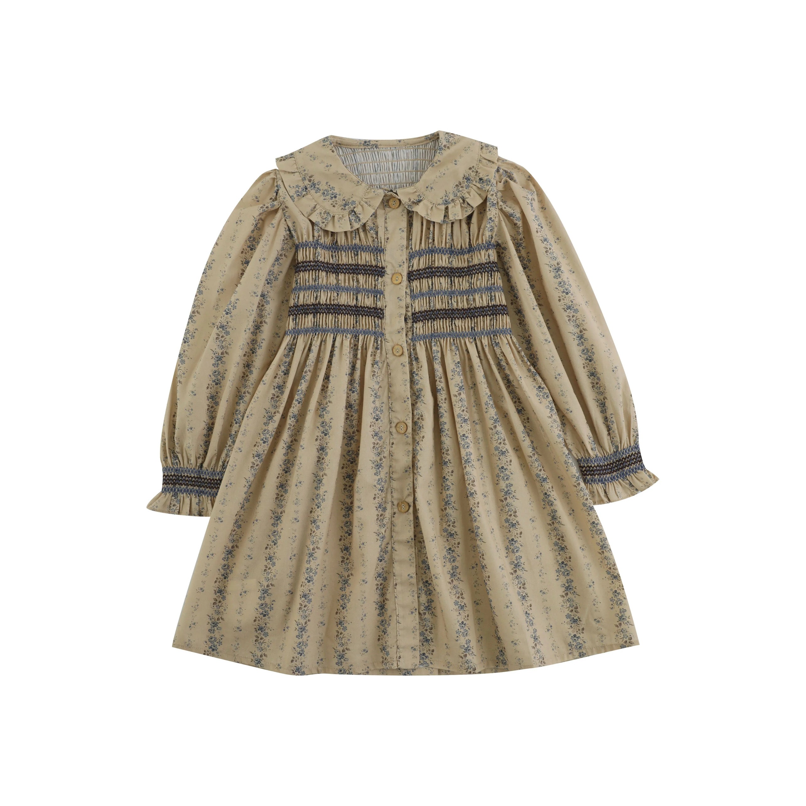 robe fille à smocks beige fleurs bleues – cérémonie bohème enfant