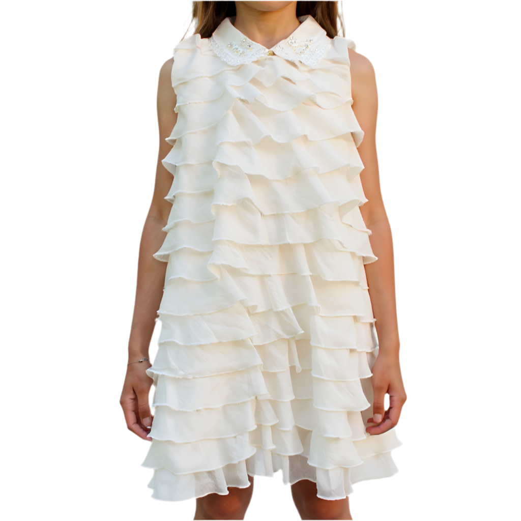 robe à volants écru cérémonie col brodé strass et perles