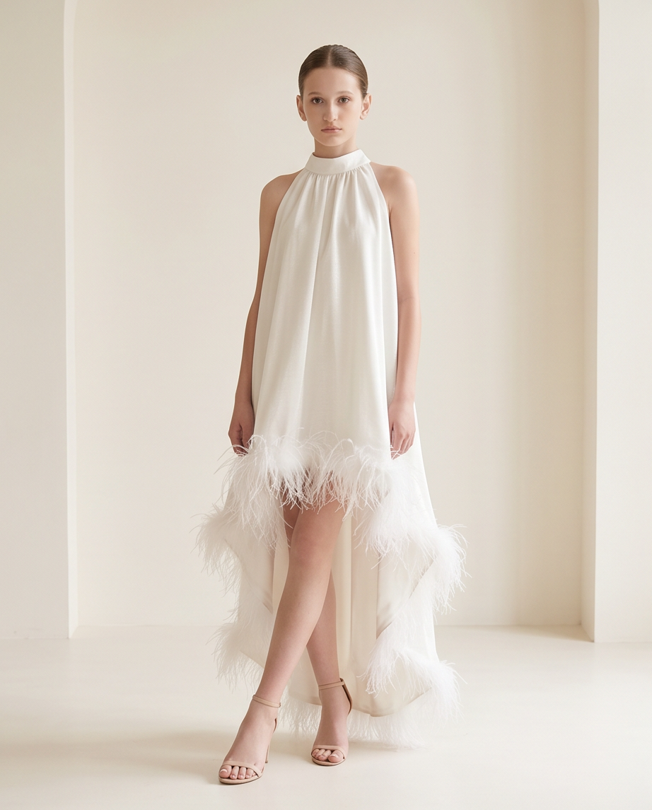 Robe Ida Blanc irisé et Plume - Cérémonie ados