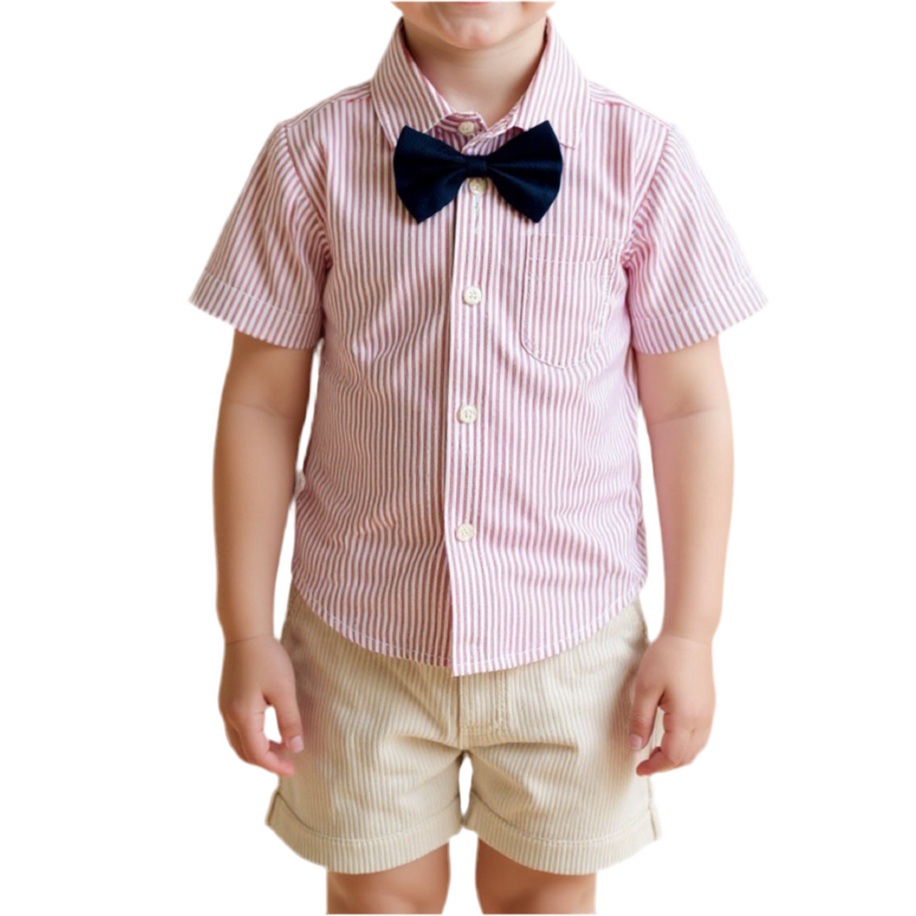 ensemble garçon chemise rayé rouge et blanc noeud pap short beige cérémonie