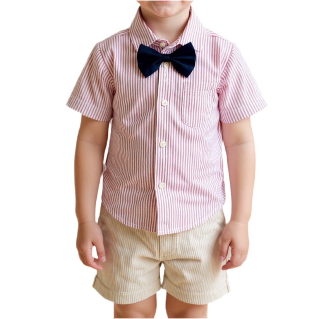 ensemble garçon chemise rayé rouge et blanc noeud pap short beige cérémonie